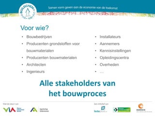 Voor wie?
• Bouwbedrijven                   • Installateurs
• Producenten grondstoffen voor   • Aannemers
  bouwmaterialen                  • Kennisinstellingen
• Producenten bouwmaterialen      • Opleidingscentra
• Architecten                     • Overheden
• Ingenieurs                      • …


         Alle stakeholders van
            het bouwproces
 