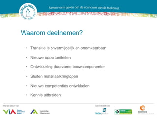Waarom deelnemen?

 • Transitie is onvermijdelijk en onomkeerbaar

 • Nieuwe opportuniteiten

 • Ontwikkeling duurzame bouwcomponenten

 • Sluiten materiaalkringlopen

 • Nieuwe competenties ontwikkelen

 • Kennis uitbreiden
 