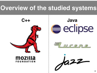 Overview of the studied systems 
8 
C++ Java 
 