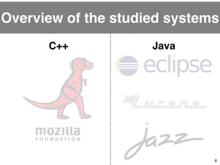 Overview of the studied systems 
8 
C++ Java 
 