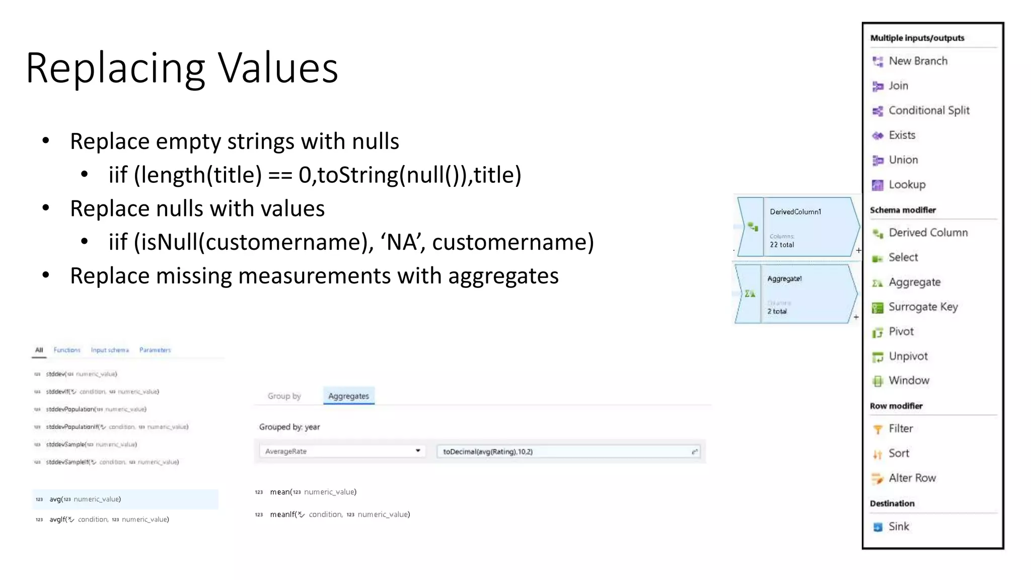 Replacing Values
• iif (length(title) == 0,toString(null()),title)
 