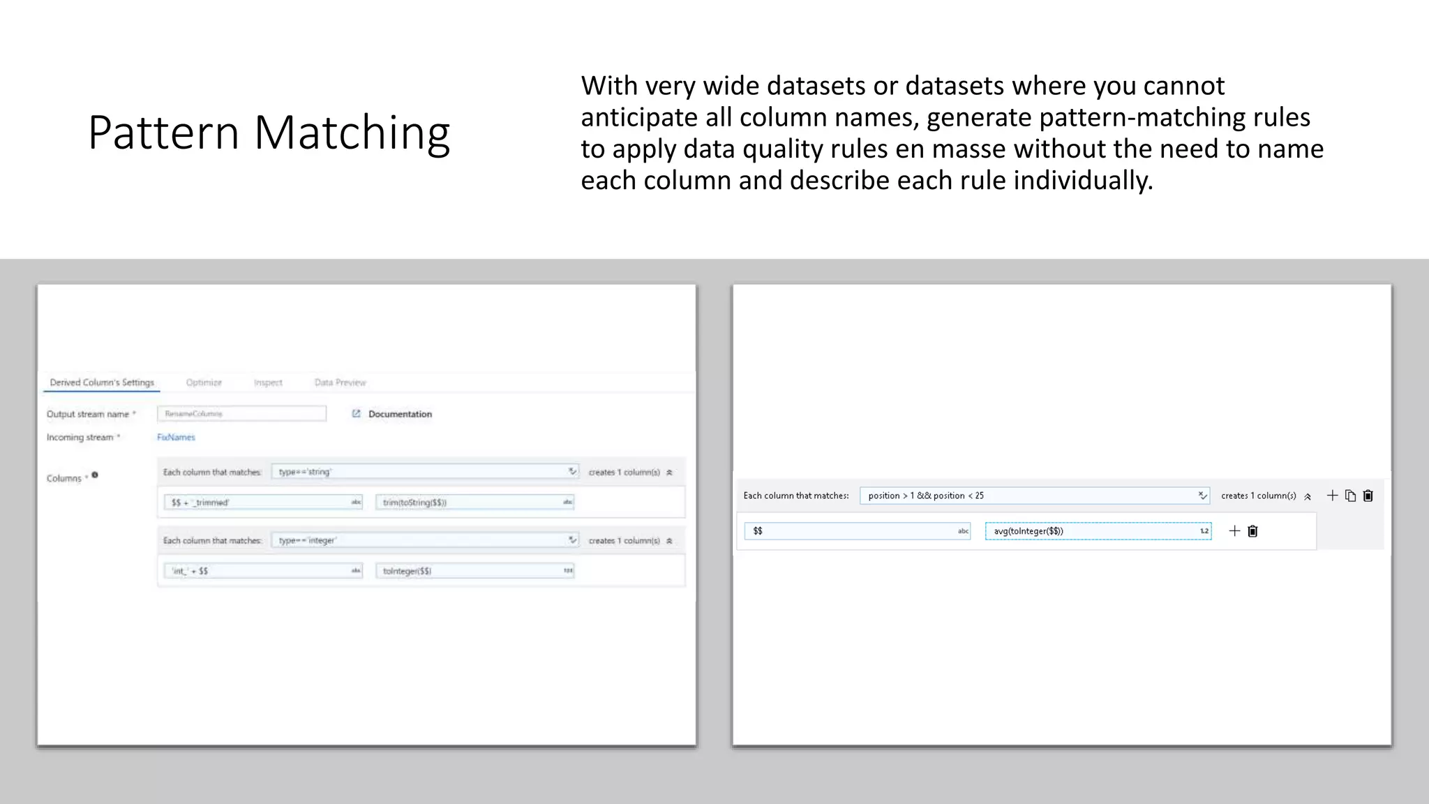 Pattern Matching
With very wide datasets or datasets where you cannot
anticipate all column names, generate pattern-matching rules
to apply data quality rules en masse without the need to name
each column and describe each rule individually.
 