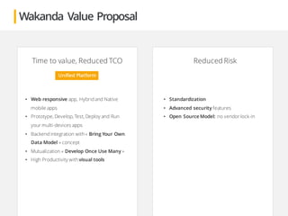 Wakanda Value Proposal
Time to value, Reduced TCO Reduced Risk
• Web responsive app, Hybrid and Native
mobile apps
• Prototype, Develop, Test, Deploy and Run
your multi-devices apps
• Backend integration with « Bring Your Own
Data Model » concept
• Mutualization « Develop Once Use Many »
• High Productivity with visual tools
• Standardization
• Advanced security features
• Open Source Model: no vendor lock-in
Unified Platform
 