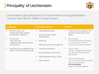 Principality of Liechtenstein
Liechtenstein’s Specialised Unit for E-Governement is using Wakanda to
create its own CMS for 100% in-house solution.
Challenges Wakanda Solution Results
• All admin tasks of an
independant state, despite
Liechtenstein small size
• IT costs cuts:
- Re-insourcing
- Replacement proprietary CMS,
too expansive
• Quick ramp up needed with new
solution to meet business needs
• Fully integrated stack
• Fast training and rapid
development
• JavaScript
• OpenSource, low licensingcosts
• Good documentation
• Active developer community
• Rapid Wakanda Product Cycles
• Good support
• Present a first prototype to the
decision makers within a few
weeks
• Cost Savings:
“The Wakanda platform helped
to reduce server and staff
resources for daily operations.”
• Time to Value
“Content managers (80 people)
can add and modify content
effortlessly.”
• Customer Satisfaction
“Our customers are very pleased
with our new Website “
Gerhard Gassler
Head of Portal Management
 