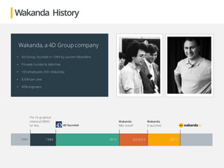 Wakanda, a 4D Group company
• 4D Group, founded in 1984 by Laurent Ribardière
• Privately funded & debt-free
• 165 employees (50+ Wakanda)
• $20M per year
• 90% engineers
1984 1984 2012 Q4 2014 2015
The 1st graphical
relational DBMS
for Mac 4D founded
Wakanda
R&D kickoff
Wakanda
Is launched
Wakanda History
 
