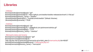 ; CKEditor
libraries[ckeditor][download][type]= "get"
libraries[ckeditor][download][url] = "https://github.com/ckeditor/ckeditor-releases/archive/4.3.1/full.zip"
libraries[ckeditor][directory_name] = "ckeditor"
;libraries[ckeditor][destination] = "module/contrib/ckeditor" (Default: libraries)
;libraries[ckeditor][overwrite] = TRUE
; Colorbox
libraries[colorbox][download][type]= "git"
libraries[colorbox][download][url] = "git@github.com:jackmoore/colorbox.git"
libraries[colorbox][download][tag] = "1.5.4"
libraries[colorbox][directory_name] = "colorbox"
; Memcache status and rename
libraries[memcache][download][type]= "get"
libraries[memcache][download][url] =
"http://git.php.net/?p=pecl/caching/memcache.git;a=blob_plain;f=memcache.php;hb=HEAD"
libraries[memcache][download][filename] = "memcache.php.inc"
libraries[memcache][directory_name] = "memcache"
Libraries
 