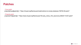 ; Core patch
projects[drupal][patch][] = "https://drupal.org/files/issues/install-redirect-on-empty-database-728702-36.patch"
; Projects patch
projects[i18n][patch][] = "https://www.drupal.org/files/issues/i18n-php_notice_i18n_taxonomy-206327-10-D7.patch"
Patches
 