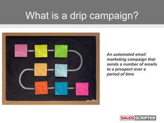 What is a drip campaign?
An automated email
marketing campaign that
sends a number of emails
to a prospect over a
period o...
