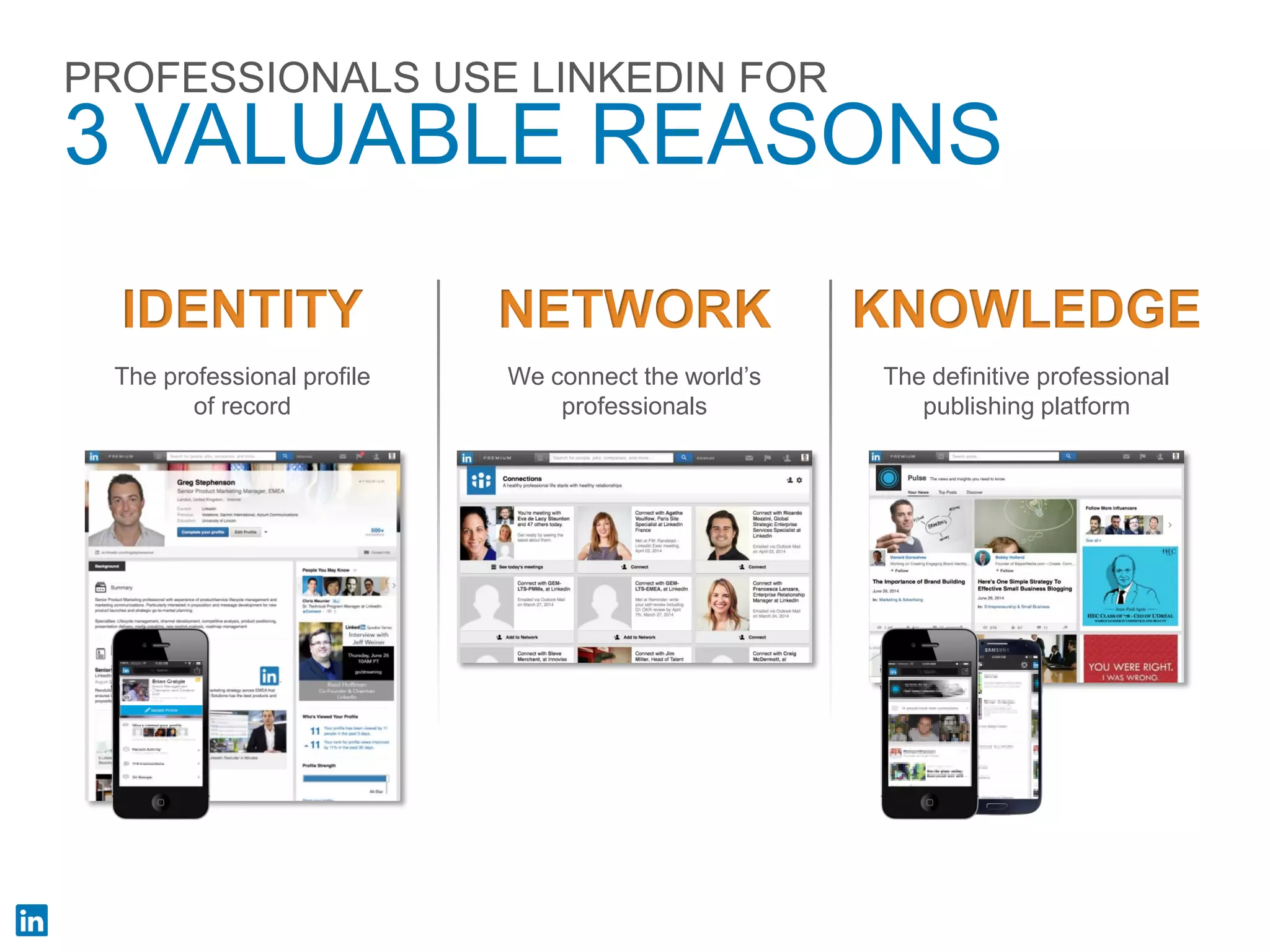 PROFESSIONALS USE LINKEDIN FOR 3 VALUABLE REASONS 
KNOWLEDGE 
The definitive professional publishing platform 
NETWORK 
We connect the world’s professionals 
IDENTITY 
The professional profile of record  