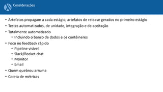 • Artefatos propagam a cada estágio, artefatos de release gerados no primeiro estágio
• Testes automatizados, de unidade, integração e de aceitação
• Totalmente automatizado
• Incluindo o banco de dados e os contêineres
• Foco no feedback rápido
• Pipeline visível
• Slack/Rocket.chat
• Monitor
• Email
• Quem quebrou arruma
• Coleta de métricas
Considerações
 