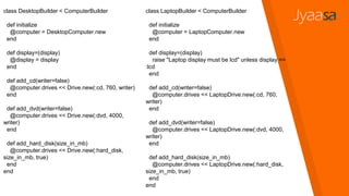 class DesktopBuilder < ComputerBuilder
def initialize
@computer = DesktopComputer.new
end
def display=(display)
@display = display
end
def add_cd(writer=false)
@computer.drives << Drive.new(:cd, 760, writer)
end
def add_dvd(writer=false)
@computer.drives << Drive.new(:dvd, 4000,
writer)
end
def add_hard_disk(size_in_mb)
@computer.drives << Drive.new(:hard_disk,
size_in_mb, true)
end
end
class LaptopBuilder < ComputerBuilder
def initialize
@computer = LaptopComputer.new
end
def display=(display)
raise "Laptop display must be lcd" unless display ==
:lcd
end
def add_cd(writer=false)
@computer.drives << LaptopDrive.new(:cd, 760,
writer)
end
def add_dvd(writer=false)
@computer.drives << LaptopDrive.new(:dvd, 4000,
writer)
end
def add_hard_disk(size_in_mb)
@computer.drives << LaptopDrive.new(:hard_disk,
size_in_mb, true)
end
end
 