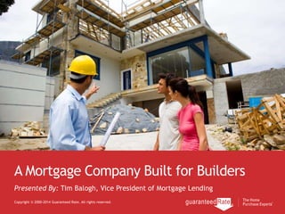 A Mortgage Company Built for Builders
Copyright © 2000-2014 Guaranteed Rate. All rights reserved.
Presented By: Tim Balogh, Vice President of Mortgage Lending
 