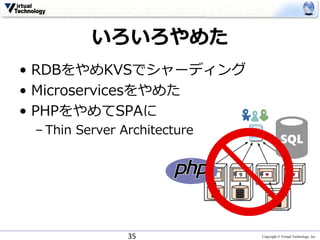 Copyright © Virtual Technology, Inc
いろいろやめた
• RDBをやめKVSでシャーディング
• Microservicesをやめた
• PHPをやめてSPAに
– Thin Server Architectu...