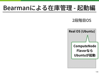 Bearmanによる在庫管理 - 起動編
!108
Real OS (Ubuntu)
2段階⽬OS
ComputeNode
Flavorなら
Ubuntuが起動
 
