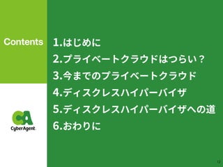 .はじめに
.プライベートクラウドはつらい？
.今までのプライベートクラウド
.ディスクレスハイパーバイザ
.ディスクレスハイパーバイザへの道
.おわりに
!12
 
