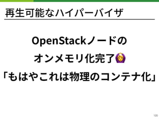 再⽣可能なハイパーバイザ
OpenStackノードの
オンメモリ化完了🙆 
「もはやこれは物理のコンテナ化」
!120
 