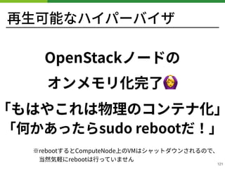 再⽣可能なハイパーバイザ
OpenStackノードの
オンメモリ化完了🙆 
「もはやこれは物理のコンテナ化」
!121
「何かあったらsudo rebootだ！」
※rebootするとComputeNode上のVMはシャットダウンされるので、
 当然気軽にrebootは⾏っていません
 