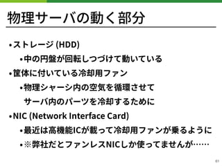 物理サーバの動く部分
•ストレージ (HDD)
•中の円盤が回転しつづけて動いている
•筐体に付いている冷却⽤ファン
•物理シャーシ内の空気を循環させて 
サーバ内のパーツを冷却するために
•NIC (Network Interface Card)
•最近は⾼機能ICが載って冷却⽤ファンが乗るように
•※弊社だとファンレスNICしか使ってませんが……
!61
 