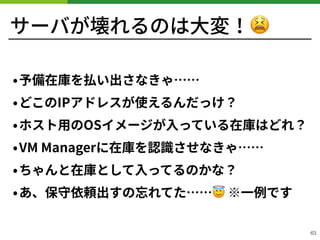 サーバが壊れるのは⼤変！😫
•予備在庫を払い出さなきゃ……
•どこのIPアドレスが使えるんだっけ？
•ホスト⽤のOSイメージが⼊っている在庫はどれ？
•VM Managerに在庫を認識させなきゃ……
•ちゃんと在庫として⼊ってるのかな？
•あ、保守依頼出すの忘れてた……😇 ※⼀例です
!63
 