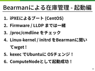 Bearmanによる在庫管理 - 起動編
!99
. iPXEによるブート (CentOS)
. Firmware / LLDP までは⼀緒
. /proc/cmdline をチェック
. Linux-kernel / initrd をBearmanに聞い
てwget !
. kexec でUbuntuに OSチェンジ！
. ComputeNodeとして起動成功！
 
