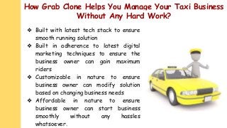 How Grab Clone Helps You Manage Your Taxi Business
Without Any Hard Work?
❖ Built with latest tech stack to ensure
smooth running solution
❖ Built in adherence to latest digital
marketing techniques to ensure the
business owner can gain maximum
riders
❖ Customizable in nature to ensure
business owner can modify solution
based on changing business needs
❖ Affordable in nature to ensure
business owner can start business
smoothly without any hassles
whatsoever.
 