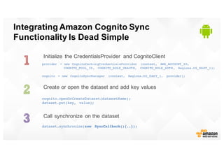 Integrating  Amazon  Cognito  Sync  
Functionality  Is  Dead  Simple
Initialize   the  CredentialsProvider   and  CognitoC...