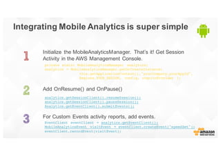 Integrating  Mobile  Analytics  is  super  simple
Initialize   the  MobileAnalyticsManager.   That’s  it!  Get  Session  
...