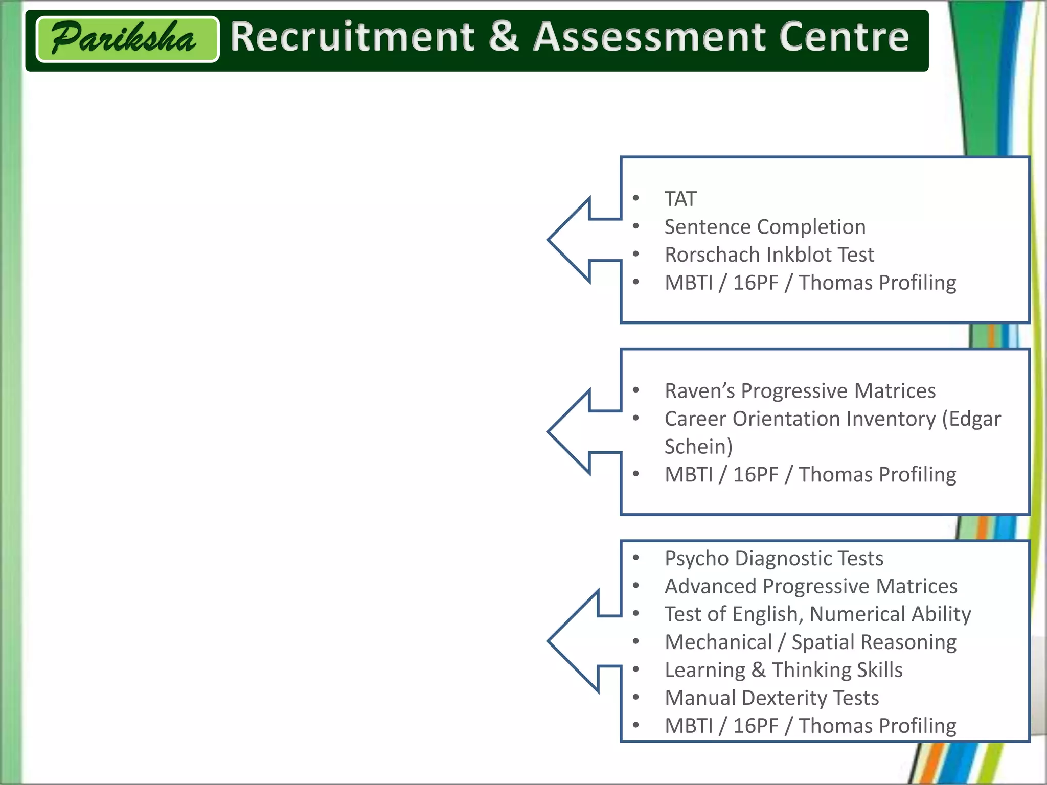 •   TAT
•   Sentence Completion
•   Rorschach Inkblot Test
•   MBTI / 16PF / Thomas Profiling



•   Raven’s Progressive Matrices
•   Career Orientation Inventory (Edgar
    Schein)
•   MBTI / 16PF / Thomas Profiling


•   Psycho Diagnostic Tests
•   Advanced Progressive Matrices
•   Test of English, Numerical Ability
•   Mechanical / Spatial Reasoning
•   Learning & Thinking Skills
•   Manual Dexterity Tests
•   MBTI / 16PF / Thomas Profiling
 