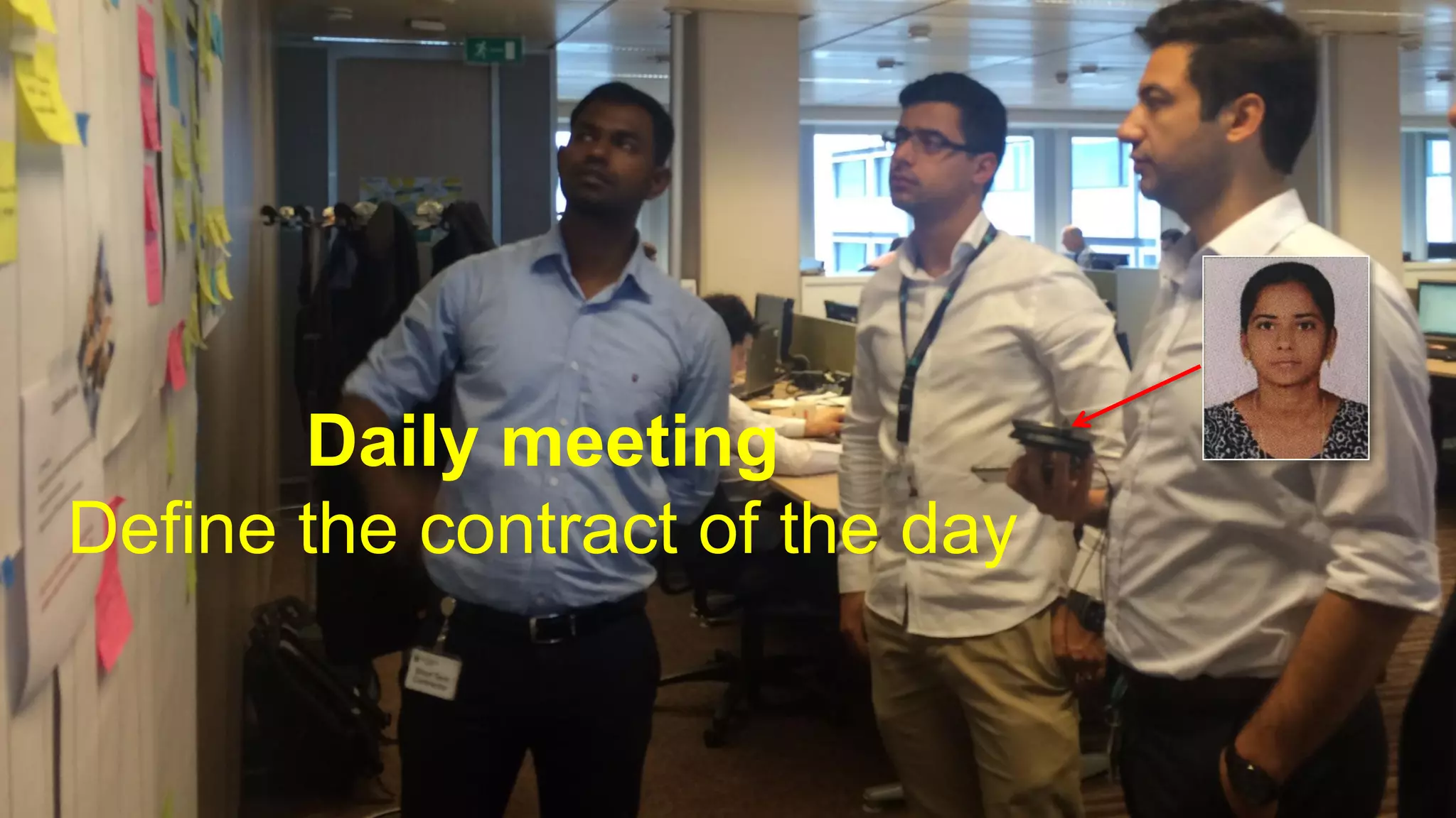 Daily meeting
Define the contract of the day
 