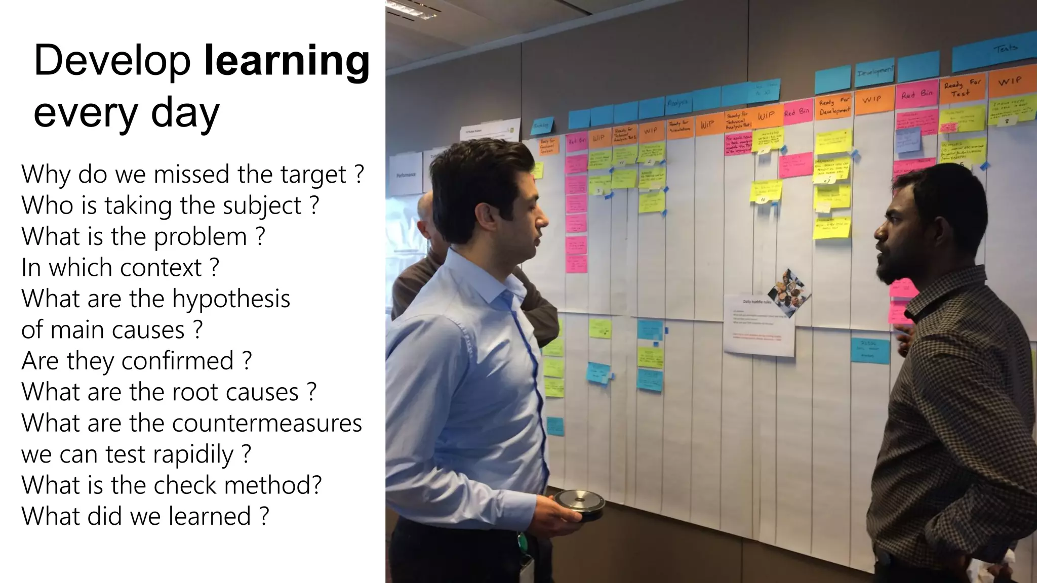 Why do we missed the target ?
Who is taking the subject ?
What is the problem ?
In which context ?
What are the hypothesis
of main causes ?
Are they confirmed ?
What are the root causes ?
What are the countermeasures
we can test rapidily ?
What is the check method?
What did we learned ?
Develop learning
every day
 