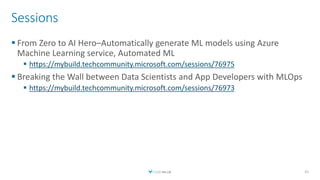 Sessions
 From Zero to AI Hero–Automatically generate ML models using Azure
Machine Learning service, Automated ML
 https://mybuild.techcommunity.microsoft.com/sessions/76975
 Breaking the Wall between Data Scientists and App Developers with MLOps
 https://mybuild.techcommunity.microsoft.com/sessions/76973
41
 