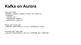 Kafka on Aurora
base_task = Task(
processes = [register, unregister, common, dist, config, run],
constraints =
order(dist, run) +
order(common, register) +
order(common, config, run)
)
staging_task = base_task(
resources = Resources(cpu = 1.0, ram = 1280*MB, disk = 5*GB)
)
production_task = base_task(
resources = Resources(cpu = 24.0, ram = 23040*MB, disk = 10000*GB)
)
 