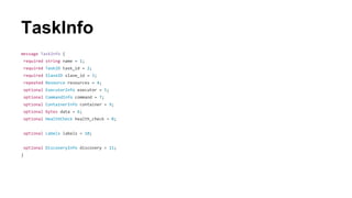 TaskInfo
message TaskInfo {
required string name = 1;
required TaskID task_id = 2;
required SlaveID slave_id = 3;
repeated Resource resources = 4;
optional ExecutorInfo executor = 5;
optional CommandInfo command = 7;
optional ContainerInfo container = 9;
optional bytes data = 6;
optional HealthCheck health_check = 8;
optional Labels labels = 10;
optional DiscoveryInfo discovery = 11;
}
 