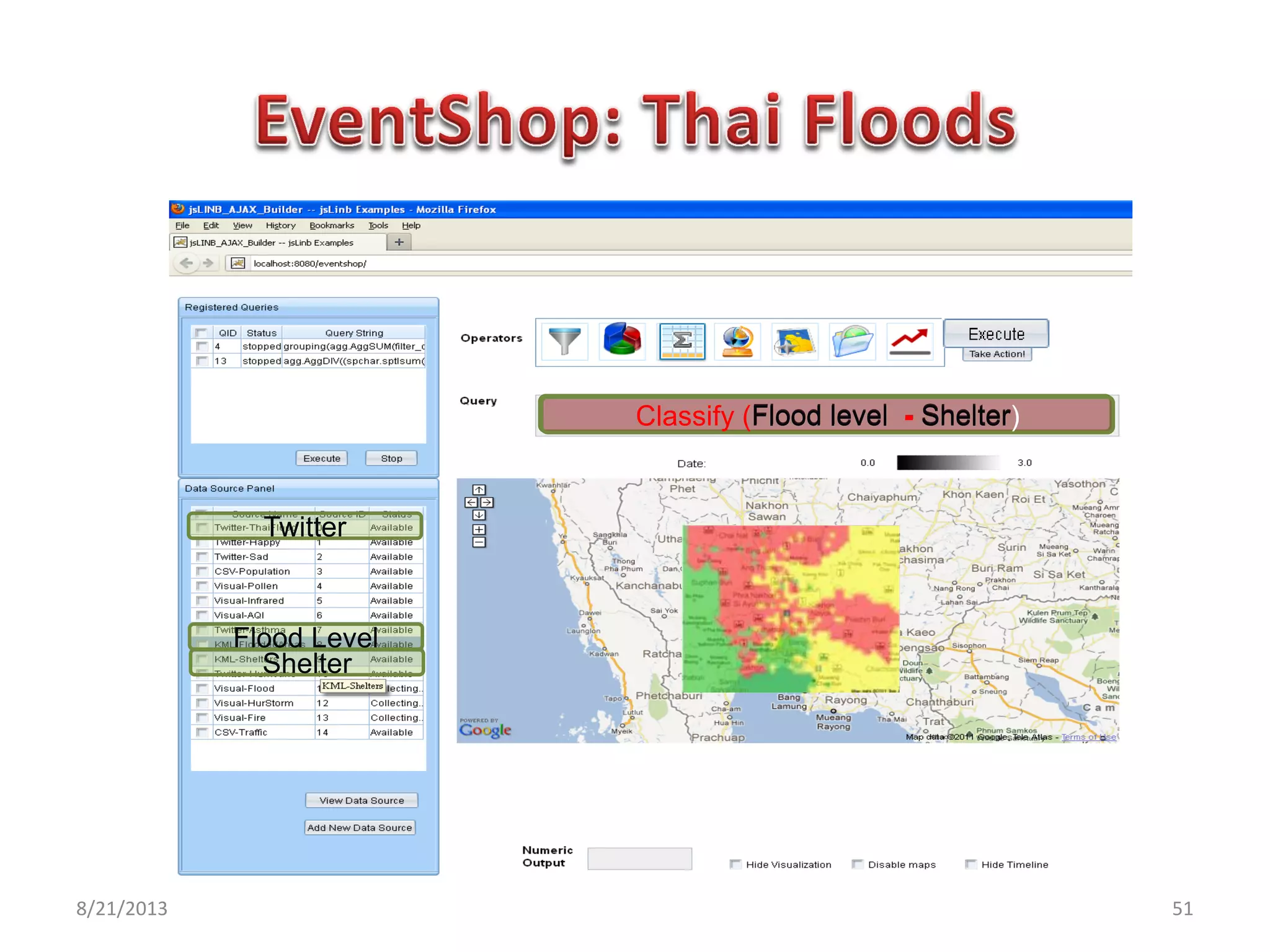 8/21/2013 51
Flood level - Shelter
Flood Level
Shelter
Twitter
Classify (Flood level - Shelter)
 