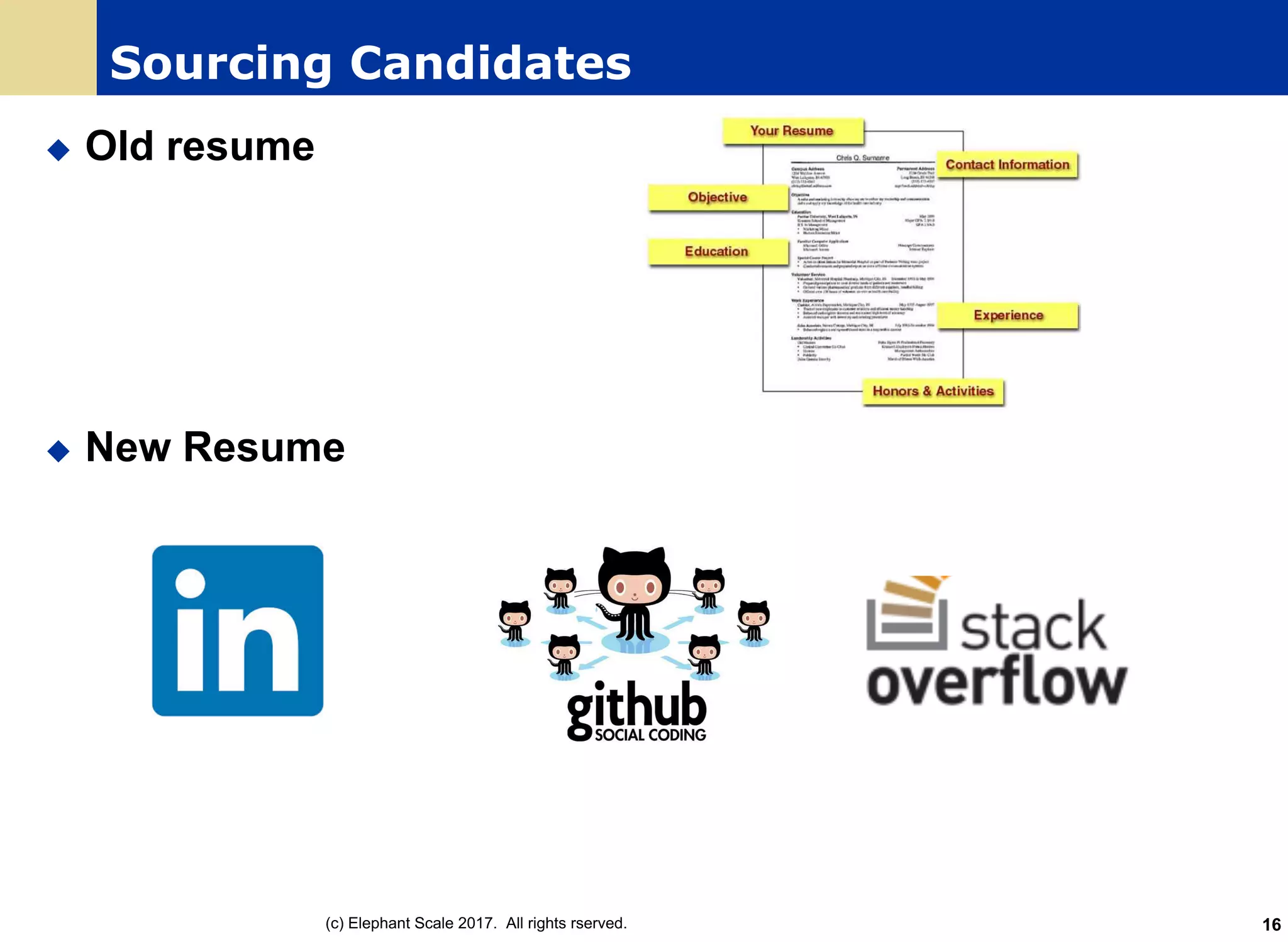 Sourcing Candidates
u Old resume
u New Resume
(c) Elephant Scale 2017. All rights rserved. 16
 