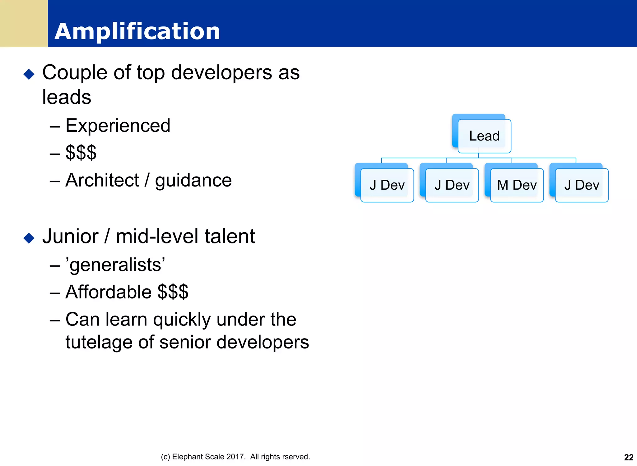 Amplification
u Couple of top developers as
leads
– Experienced
– $$$
– Architect / guidance
u Junior / mid-level talent
– ’generalists’
– Affordable $$$
– Can learn quickly under the
tutelage of senior developers
Lead
J Dev J Dev M Dev J Dev
(c) Elephant Scale 2017. All rights rserved. 22
 