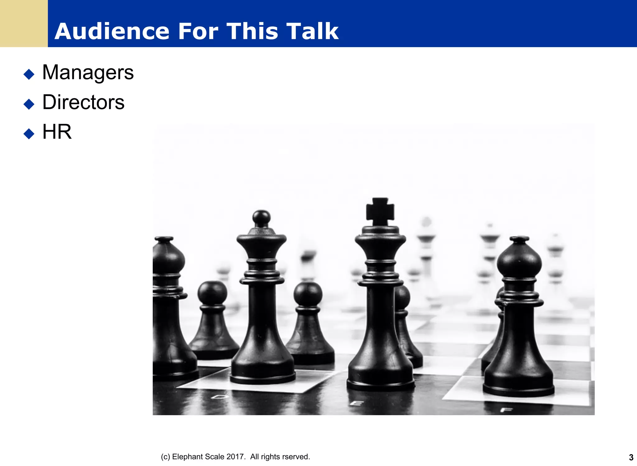 Audience For This Talk
u Managers
u Directors
u HR
(c) Elephant Scale 2017. All rights rserved. 3
 