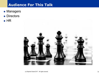 Audience For This Talk
u Managers
u Directors
u HR
(c) Elephant Scale 2017. All rights rserved. 3
 