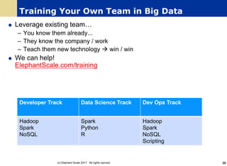 Training Your Own Team in Big Data
u Leverage existing team…
– You know them already...
– They know the company / work
– Teach them new technology à win / win
u We can help!
ElephantScale.com/training
Developer Track Data Science Track Dev Ops Track
Hadoop
Spark
NoSQL
Spark
Python
R
Hadoop
Spark
NoSQL
Scripting
(c) Elephant Scale 2017. All rights rserved. 35
 