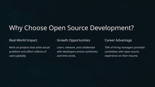 Why Choose Open Source Development?
Real-World Impact
Work on projects that solve actual
problems and affect millions of
users globally.
Growth Opportunities
Learn, network, and collaborate
with developers across continents
and time zones.
Career Advantage
70% of hiring managers prioritize
candidates with open source
experience on their resume.
 