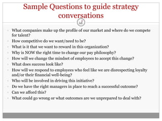 Sample Questions to guide strategy
                   conversations
 What companies make up the profile of our market and where do we compete
    for talent?
   How competitive do we want/need to be?
   What is it that we want to reward in this organization?
   Why is NOW the right time to change our pay philosophy?
   How will we change the mindset of employees to accept this change?
   What does success look like?
   How will we respond to employees who feel like we are disrespecting loyalty
    and/or their financial well-being?
   Who will be involved in driving this initiative?
   Do we have the right managers in place to reach a successful outcome?
   Can we afford this?
   What could go wrong or what outcomes are we unprepared to deal with?
 