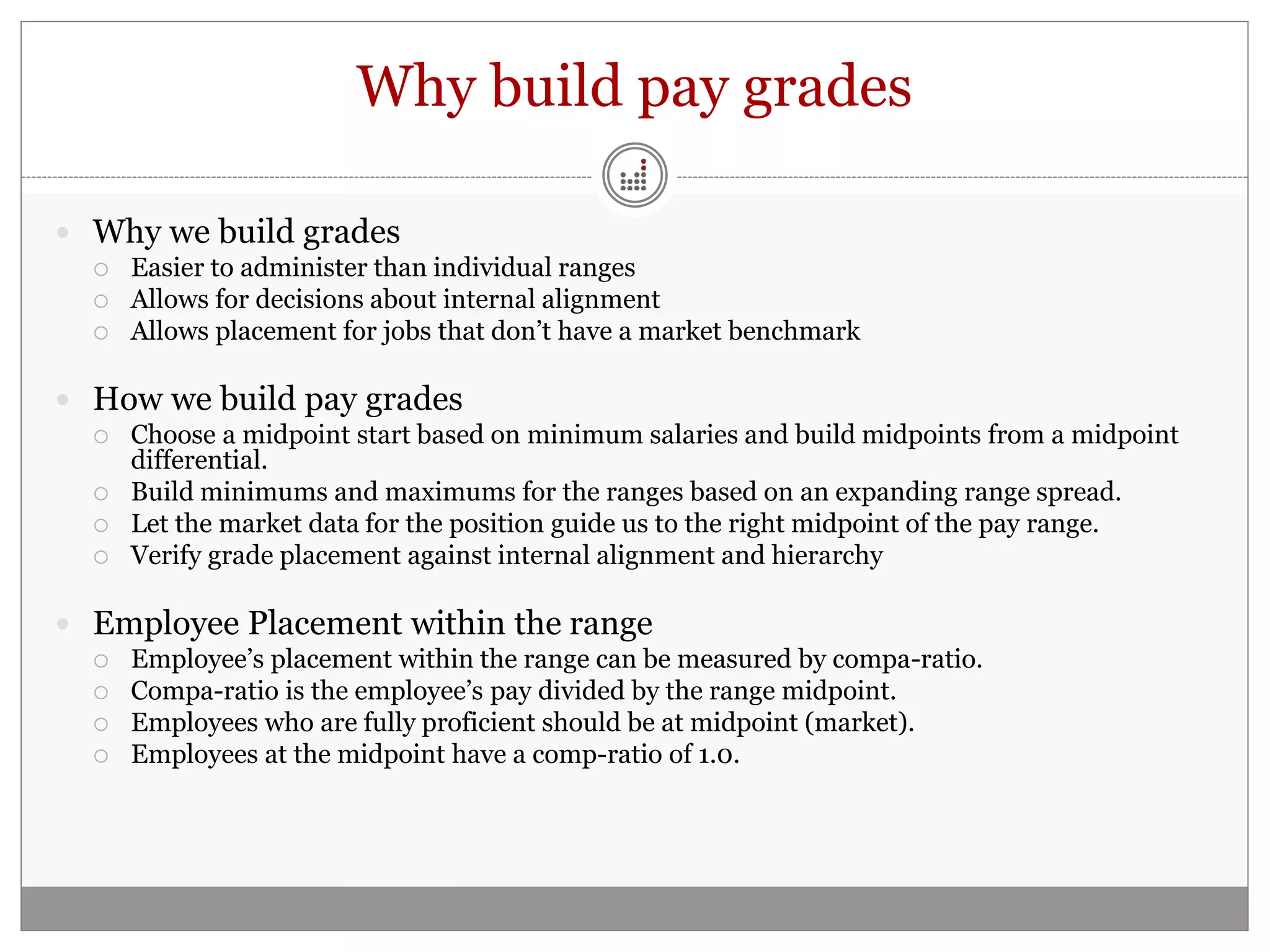 Why build pay grades

 Why we build grades
     Easier to administer than individual ranges
     Allows for decisions about internal alignment
     Allows placement for jobs that don’t have a market benchmark

 How we build pay grades
     Choose a midpoint start based on minimum salaries and build midpoints from a midpoint
      differential.
     Build minimums and maximums for the ranges based on an expanding range spread.
     Let the market data for the position guide us to the right midpoint of the pay range.
     Verify grade placement against internal alignment and hierarchy

 Employee Placement within the range
     Employee’s placement within the range can be measured by compa-ratio.
     Compa-ratio is the employee’s pay divided by the range midpoint.
     Employees who are fully proficient should be at midpoint (market).
     Employees at the midpoint have a comp-ratio of 1.0.
 