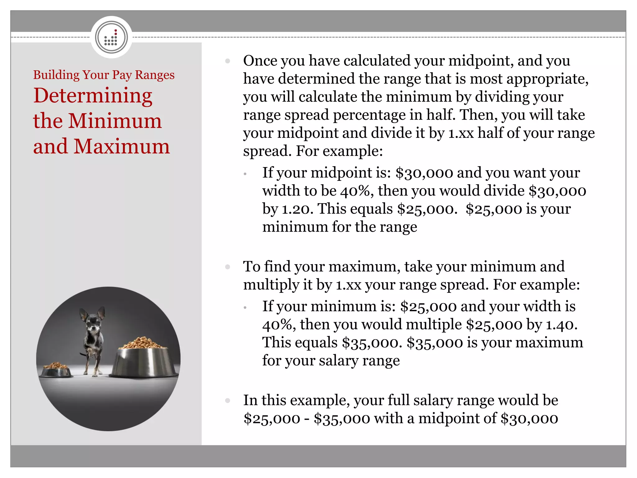  Once you have calculated your midpoint, and you
Building Your Pay Ranges     have determined the range that is most appropriate,
Determining                  you will calculate the minimum by dividing your
                             range spread percentage in half. Then, you will take
the Minimum                  your midpoint and divide it by 1.xx half of your range
and Maximum                  spread. For example:
                             • If your midpoint is: $30,000 and you want your
                                width to be 40%, then you would divide $30,000
                                by 1.20. This equals $25,000. $25,000 is your
                                minimum for the range

                            To find your maximum, take your minimum and
                             multiply it by 1.xx your range spread. For example:
                             • If your minimum is: $25,000 and your width is
                               40%, then you would multiple $25,000 by 1.40.
                               This equals $35,000. $35,000 is your maximum
                               for your salary range

                            In this example, your full salary range would be
                             $25,000 - $35,000 with a midpoint of $30,000
 
