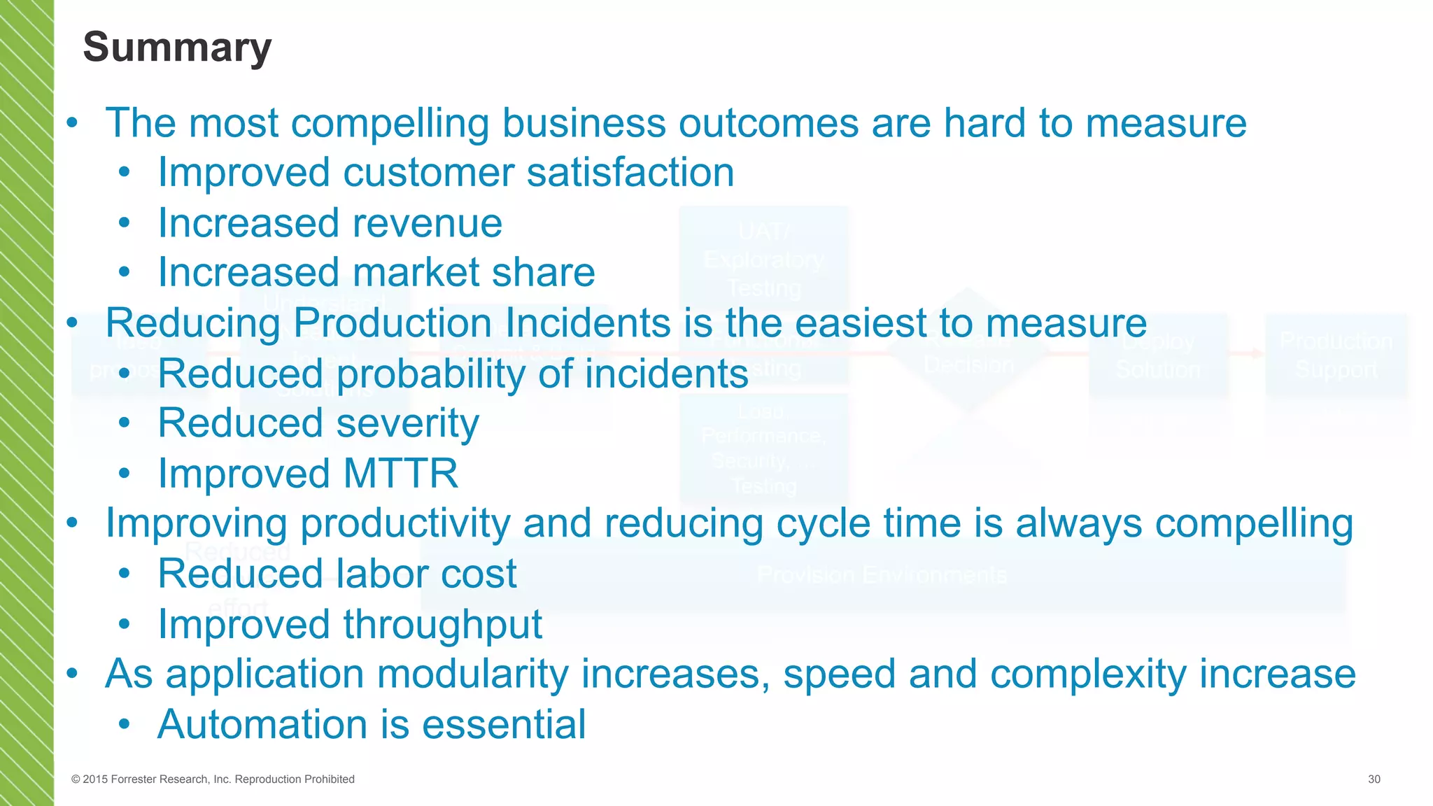 © 2015 Forrester Research, Inc. Reproduction Prohibited 30
Production
Support
Functional
Testing
Load,
Performance,
Security, …
Testing
UAT/
Exploratory
Testing
Develop,
Commit & Build
Provision Environments
Reduced
manual
effort
Idea
proposed
Understand
Needs &
Invent
Solutions
Deploy
Solution
Release
Decision
•  The most compelling business outcomes are hard to measure
•  Improved customer satisfaction
•  Increased revenue
•  Increased market share
•  Reducing Production Incidents is the easiest to measure
•  Reduced probability of incidents
•  Reduced severity
•  Improved MTTR
•  Improving productivity and reducing cycle time is always compelling
•  Reduced labor cost
•  Improved throughput
•  As application modularity increases, speed and complexity increase
•  Automation is essential
Summary
 