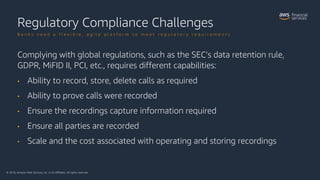 © 2018, Amazon Web Services, Inc. or its Affiliates. All rights reserved.
Regulatory Compliance Challenges
B a n k s n e e...