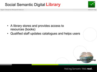 Social Semantic Digital   Library <ul><li>A library stores and provides access to  resources (books) </li></ul><ul><li>Qua...
