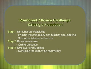 Rainforest Alliance Challenge Building a Foundation Step 1 .  Demonstrate Feasibility - Priming the community and building a foundation -    Rainforest Alliance online tool  Step 2 .  Raise awareness - Online presence  Step 3 .  Empower and Mobilize - Mobilizing the rest of the community 
