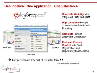 One Pipeline.  One Application.  One Salesforce.  ” —  VP of sales, Webtrends Our partners are now part of our sales force.   “ My CRM My SFA Complete Visibility   with Integrated PRM and CRM   High Adoption   through Customizable Portals and Branding Complete   Partner Lifecycle Functionality Reduced Channel Conflict   with Deal Registration and Opportunity Management My PRM 
