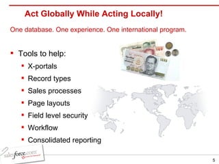 Act Globally While Acting Locally! One database. One experience. One international program. Tools to help:  X-portals Record types Sales processes Page layouts Field level security Workflow Consolidated reporting 