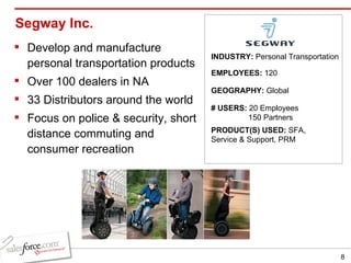 Segway Inc.  Develop and manufacture personal transportation products Over 100 dealers in NA 33 Distributors around the world  Focus on police & security, short distance commuting and consumer recreation INDUSTRY:  Personal Transportation EMPLOYEES:  120 GEOGRAPHY:  Global PRODUCT(S) USED:  SFA, Service & Support, PRM # USERS:  20 Employees  150 Partners 